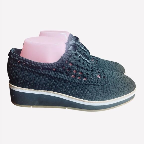 Donald Pliner Women's Sz 9 Napoli Crepe Elastic Tie Wedges Black - Picture 4 of 10